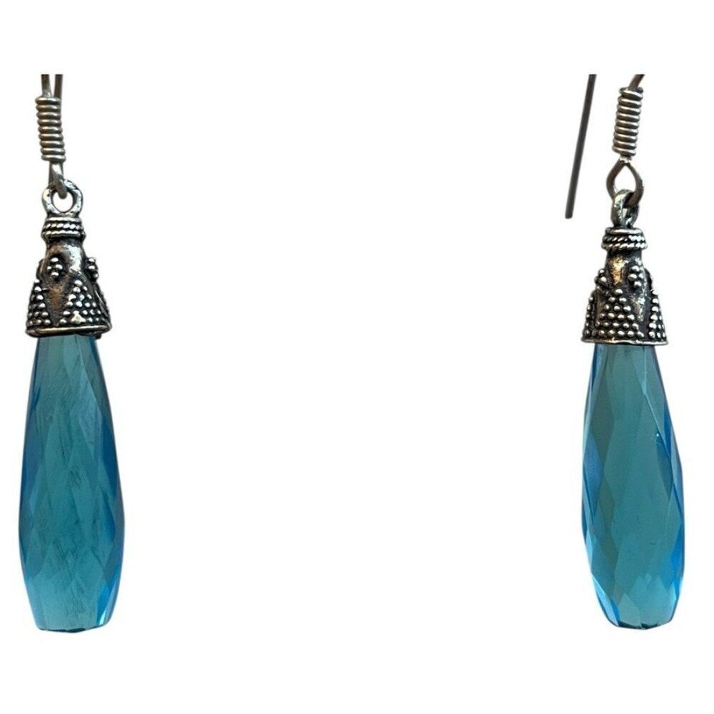 Sterling Silver Long Aqua Blue Faceted Dangle Drop Earrings